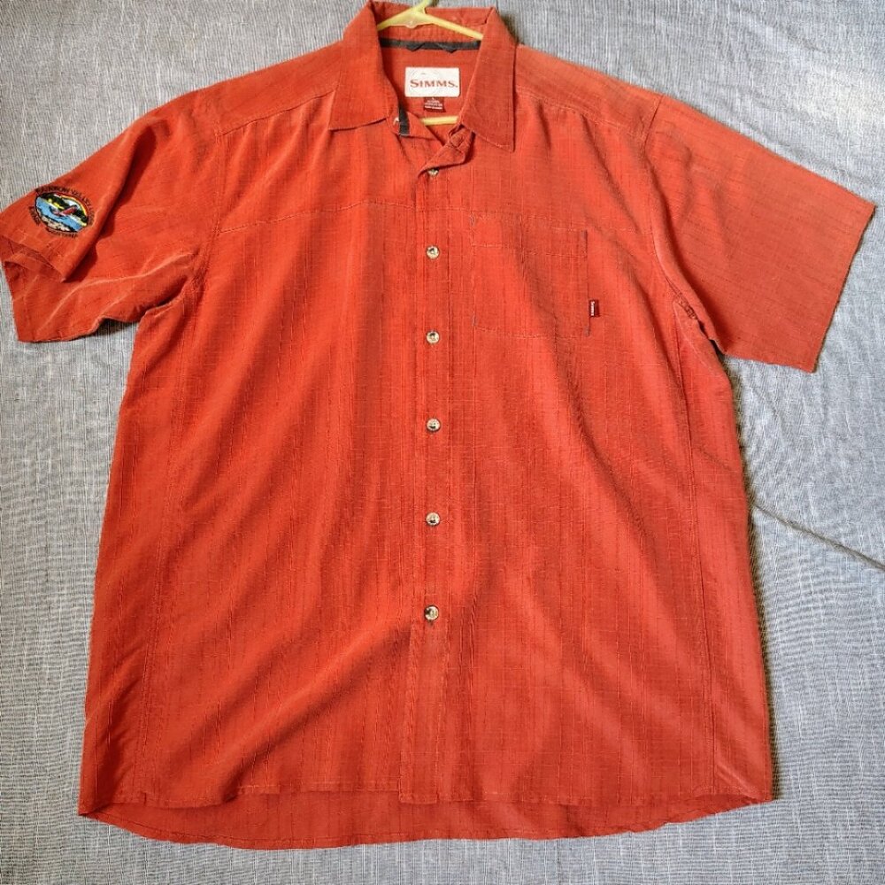 Simms Shirt Size Large Burnt Salmon Long Haul Short Sleeve Button Down Fishing‎